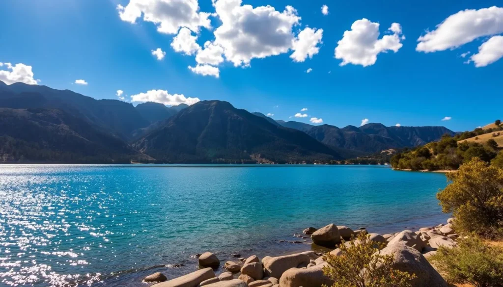 Serene lakeside landscape with rugged mountains rising in the distance, their peaks adorned with lush forests. Shimmering azure waters of Lake Nacimiento reflect the azure sky above, dotted with fluffy white clouds. In the foreground, a pristine shoreline with smooth boulders and lush, verdant vegetation. Warm, golden sunlight filters through the scene, casting a gentle glow and creating striking shadows. The overall atmosphere is one of tranquility and natural wonder, inviting the viewer to discover the hidden beauty of "The Dragon Lake" of California.
