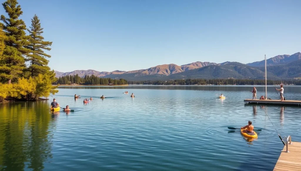 Serene lakeside scene at Lake San Antonio, California, on a sunny summer day. Crisp, clear waters surrounded by towering pine trees, with people engaged in various activities - kayaking, paddle boarding, swimming, and fishing from the dock. Warm, diffused lighting illuminates the vibrant green foliage and creates glistening reflections on the calm surface. In the distance, rolling hills and rugged mountains form a picturesque backdrop. Capture the tranquil atmosphere and the diverse recreational opportunities that make Lake San Antonio a popular destination.