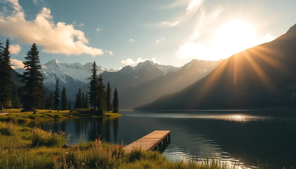 Serene lakeside scene with towering mountains in the background, their snow-capped peaks reflecting in the calm, glimmering waters. A lush, verdant shoreline with tall pines and vibrant wildflowers framing the tranquil lake. Warm, golden sunlight filters through wispy clouds, casting a soft, romantic glow over the landscape. A small wooden dock extends into the lake, inviting visitors to take in the breathtaking panorama. The overall atmosphere is one of peace, beauty, and the wonder of nature.