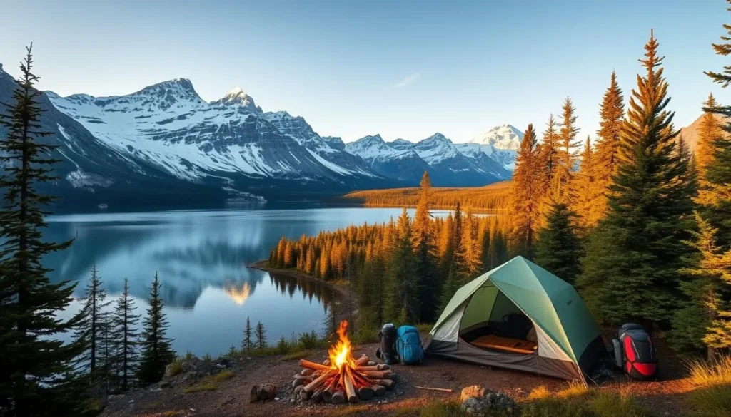 Serene landscape of Glacier National Park, Montana, with a picturesque campsite nestled by the shores of the pristine Lake McDonald. Towering snow-capped peaks rise in the distance, their rugged beauty reflected in the calm, glassy waters. Lush evergreen forests surround the campsite, casting warm, dappled light across the scene. A cozy tent is pitched near a crackling campfire, surrounded by camping gear and hiking equipment. The atmosphere is one of peaceful tranquility, inviting visitors to immerse themselves in the natural splendor of this iconic American wilderness.
