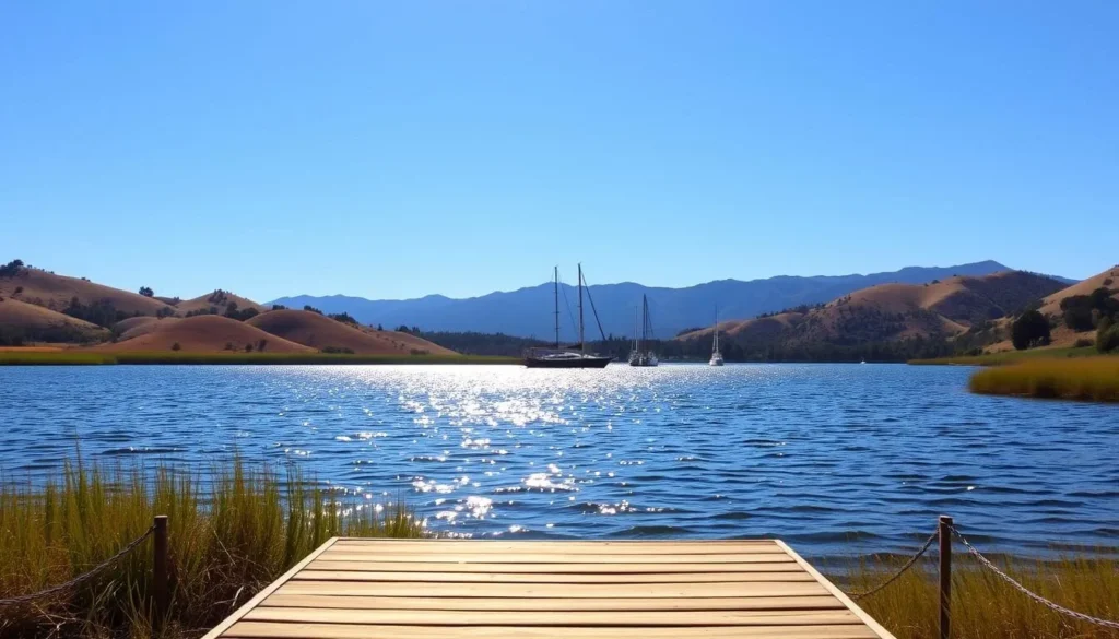 Serene landscape of Lake Cachuma, nestled amidst rolling hills and lush vegetation. Sunlight dances on the tranquil waters, casting shimmering reflections. In the foreground, a wooden dock extends into the lake, inviting visitors to capture the picturesque scene. The middle ground features a group of sailboats gently swaying, their masts silhouetted against the azure sky. In the background, distant mountains rise majestically, creating a breathtaking backdrop. The overall atmosphere is one of tranquility and natural beauty, perfectly capturing the essence of photography opportunities at this captivating California destination.