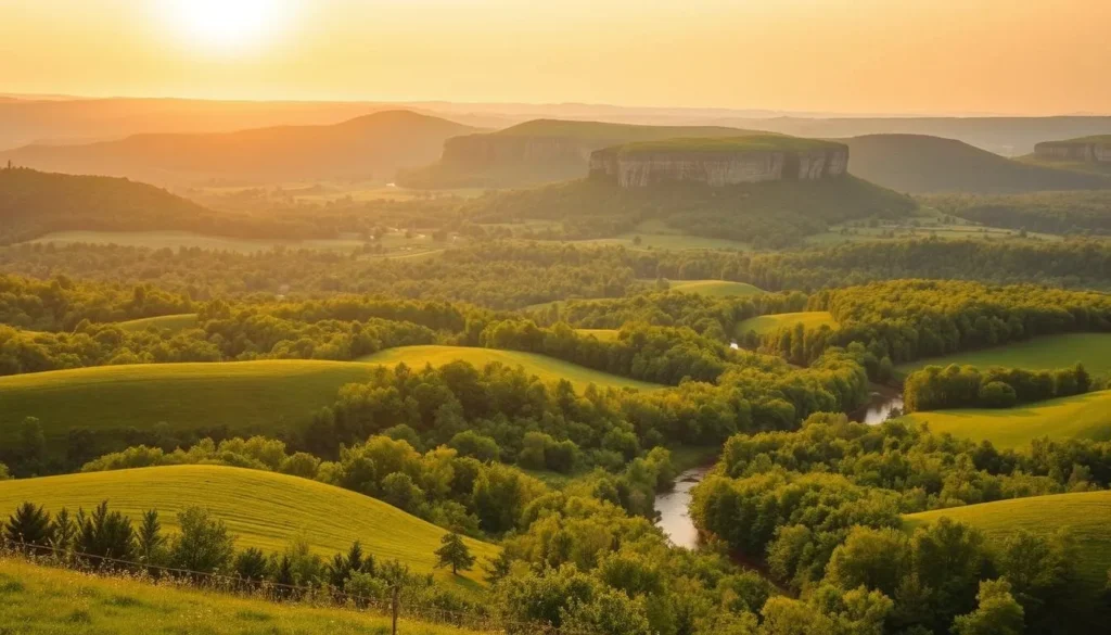 Serene landscape of Lincoln County, Missouri, showcasing its lush rolling hills, verdant forests, and winding streams under a warm, golden sun. Capture the gentle undulations of the terrain, with dramatic limestone bluffs rising in the distance. Depict the verdant meadows and dense woodlands, their vibrant greens punctuated by the occasional splash of wildflowers. Utilize a wide-angle lens to convey the expansive, panoramic nature of the scene, with soft, diffused lighting casting a tranquil, picturesque atmosphere. Evoke a sense of peaceful exploration, where nature's beauty takes center stage.