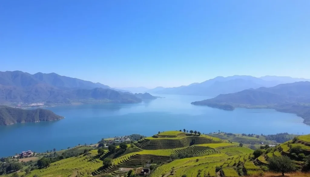 Serene landscape of Seo My Ty Lake surrounded by mountains and terraced fields