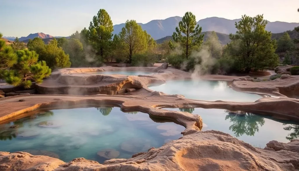 Serene natural hot springs pool surrounded by trees in the Sierra foothills of Tulare County Serene natural hot springs pool surrounded by trees in the Sierra foothills of Tulare County