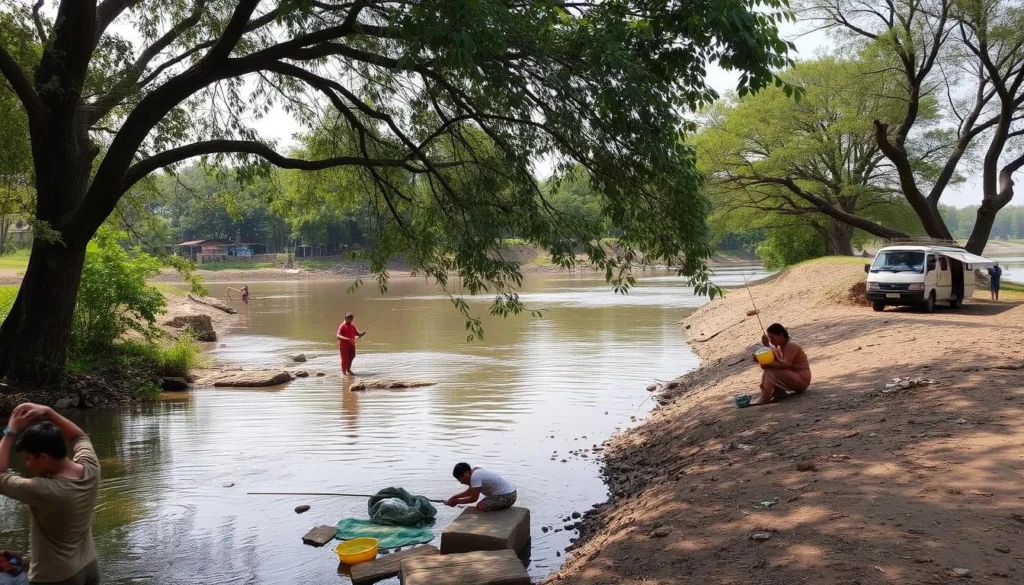 Serene riverfront with locals fishing and washing clothes under trees