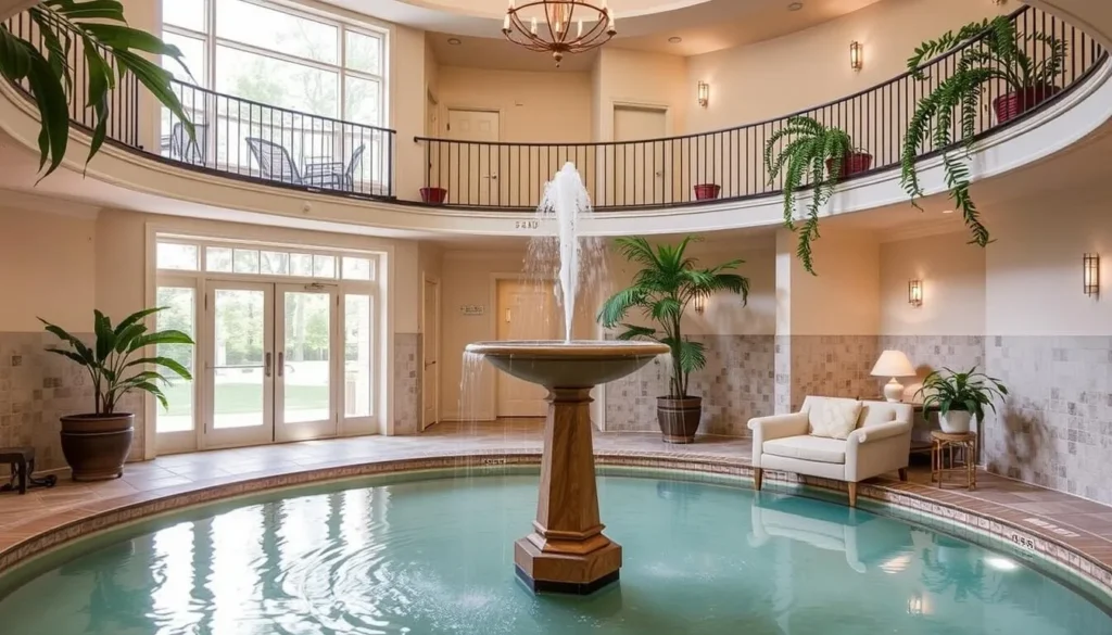 Serene spa atmosphere with a two-story atrium, fountain, and sitting area