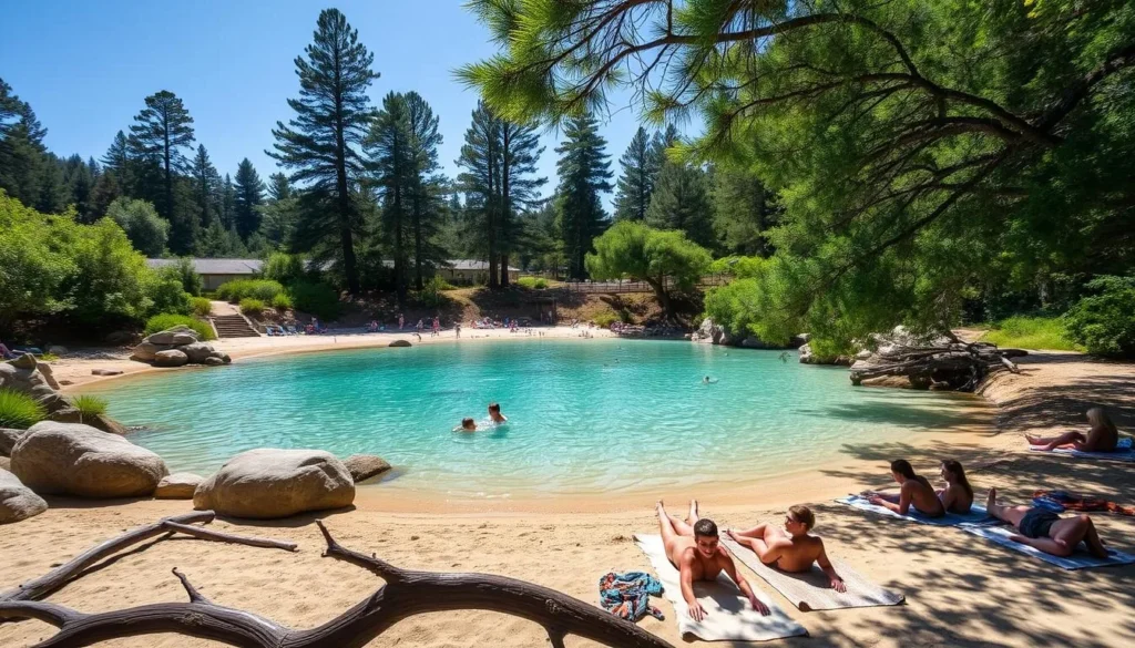Serene swimming cove nestled in lush, verdant foliage along the American River Reservoir. Sunlight glistens on the tranquil, turquoise waters as families frolic in the refreshing, inviting pool. Towering pine and oak trees line the sandy beach, casting dappled shadows. Boulders and weathered driftwood dot the shoreline, creating a picturesque, natural setting. Beachgoers lounge on plush towels, soaking up the warm, golden rays. A picturesque, idyllic scene of summertime fun and relaxation.