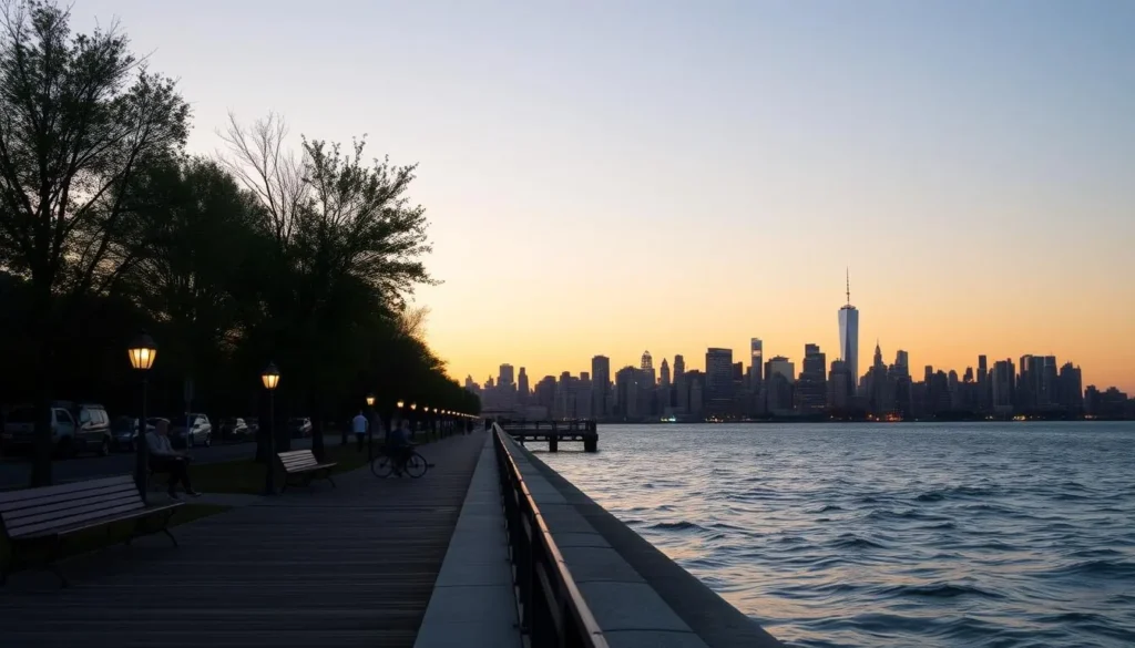 Serene view of Pier A Park in Hoboken with the Manhattan skyline in the background