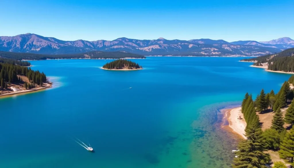 Shaver Lake in Fresno County California with mountains in the background and boats on the water Shaver Lake in Fresno County California with mountains in the background and boats on the water