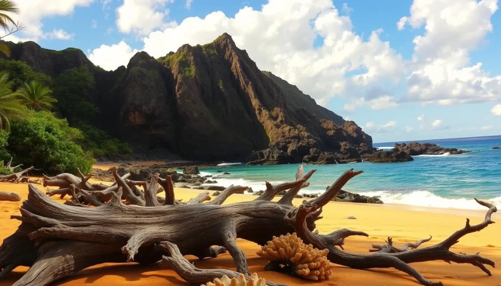 Shipwreck Beach, Lanai, Hawaii - a sun-dappled cove with a rugged, windswept charm. In the foreground, weathered driftwood and sun-bleached coral litter the golden sand, hinting at the ocean's power. Towering cliffs rise in the middle ground, their jagged edges softened by verdant foliage. In the distance, the azure waters of the Pacific lap gently against the rocky shore, their tranquil surface reflecting the fluffy white clouds drifting overhead. The warm, golden light bathes the scene, creating a serene and inviting atmosphere, beckoning visitors to discover the hidden beauty of this remote Hawaiian paradise.