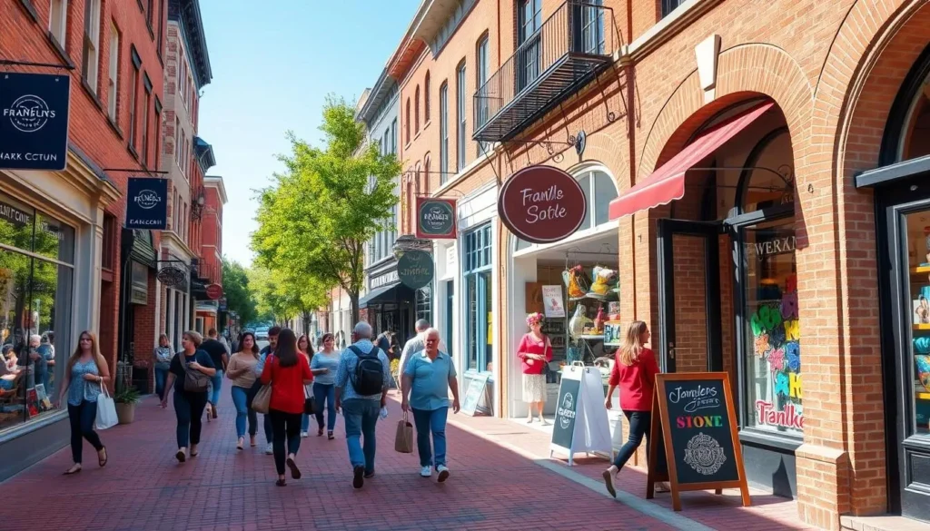Shoppers browsing boutiques and shops along Franklin's vibrant Main Street with its historic architecture Shoppers browsing boutiques and shops along Franklin's vibrant Main Street with its historic architecture