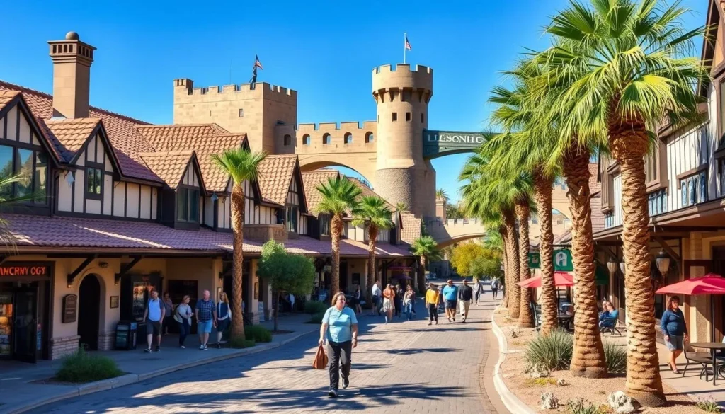 Shopping at the English Village near London Bridge with Tudor-style architecture