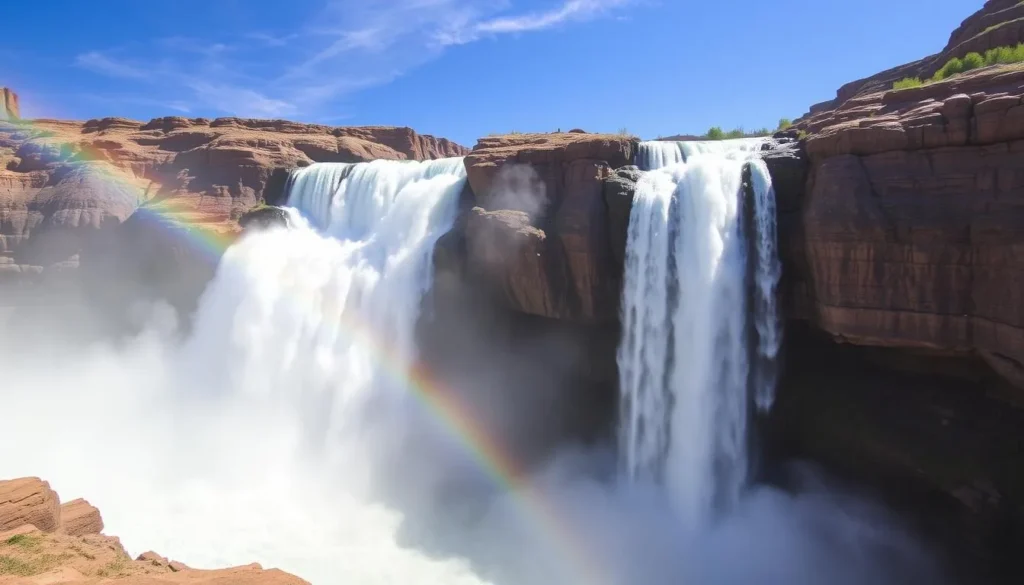 Shoshone Falls with rainbow in the mist on a sunny day in Twin Falls Idaho