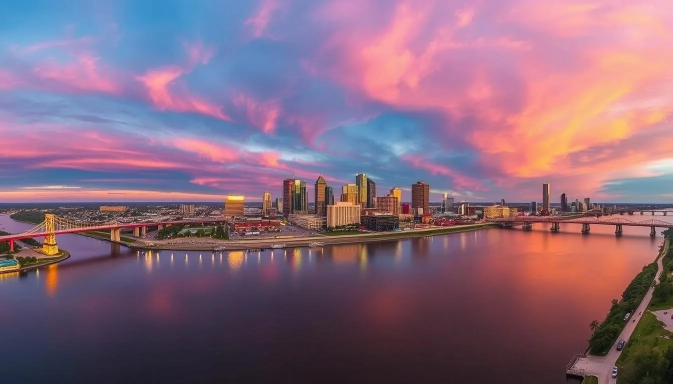 Shreveport skyline along the Red River at sunset showing the city's beautiful riverfront and bridges