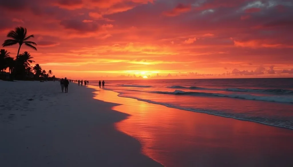 Siesta Key Beach at sunset with people walking along the famous white quartz sand Siesta Key Beach at sunset with people walking along the famous white quartz sand