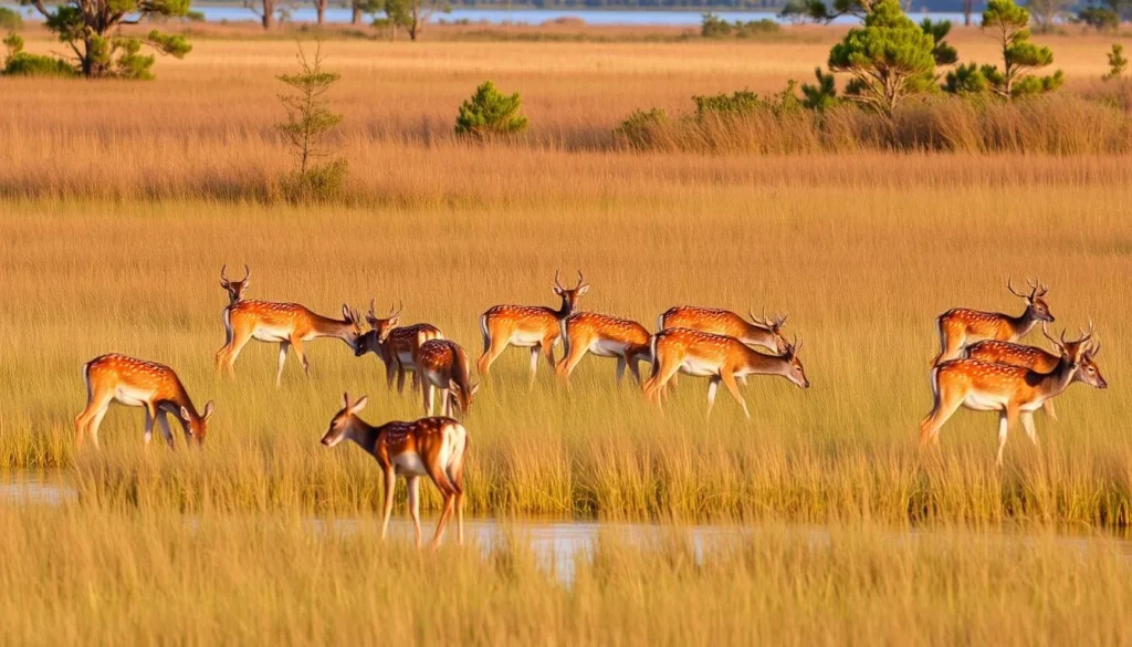Sika deer on Assateague Island, Delaware grazing in marshy area Sika deer on Assateague Island, Delaware grazing in marshy area