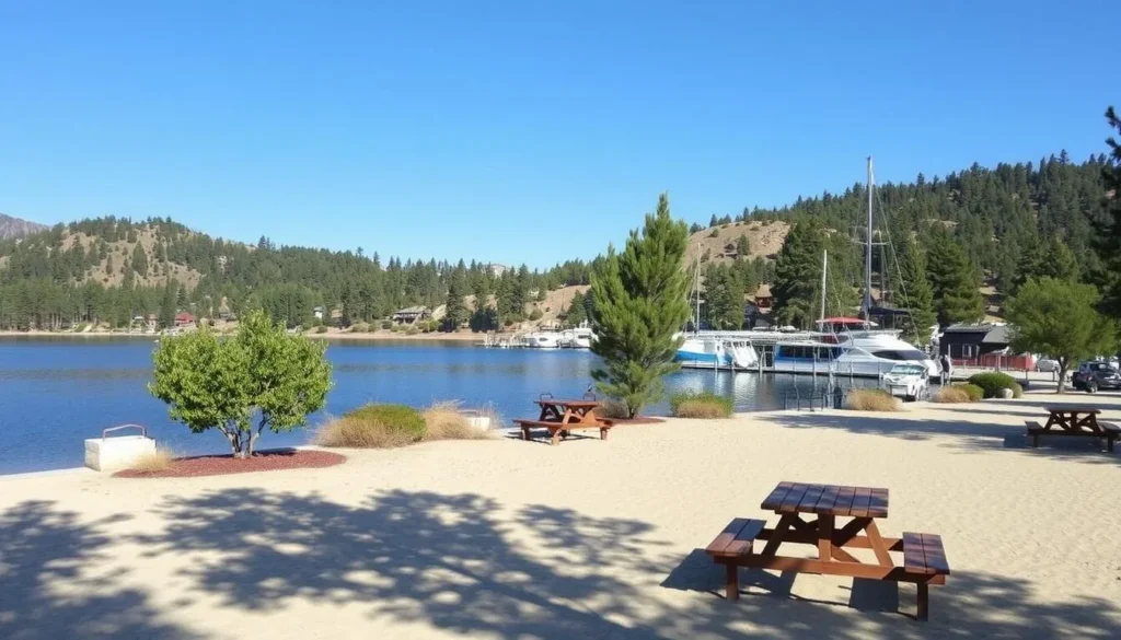 Silverwood Lake State Recreation Area Facilities, a picturesque landscape nestled in the heart of the San Bernardino Mountains. Capture the serene lakefront, with its tranquil waters reflecting the surrounding evergreen forests. Showcase the well-maintained picnic areas, complete with wooden tables and grills, inviting visitors to enjoy a leisurely lunch. Highlight the expansive sandy beaches, where families can bask in the warm California sun and dip their toes in the refreshing lake. In the distance, glimpse the modern marina, offering boat rentals and access to the lake's calm waters. Depict the area with a warm, inviting atmosphere, showcasing the perfect destination for a day of outdoor recreation and relaxation.