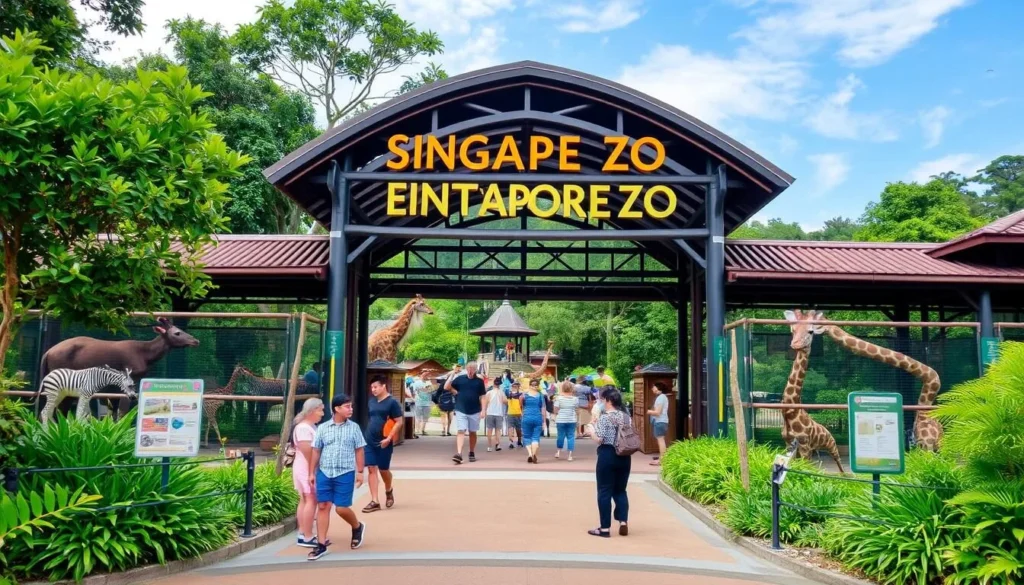 Singapore Zoo entrance with various animals in open enclosures