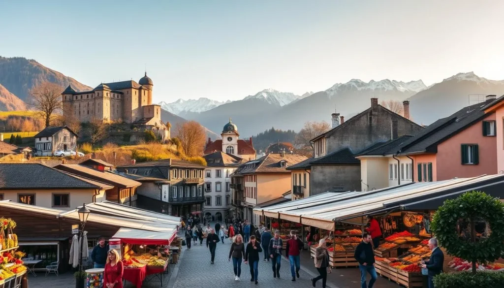 Sion, Switzerland: An idyllic alpine town nestled amidst towering peaks and lush valleys. Capture the iconic Tourbillon Castle perched atop a rocky outcrop, its medieval architecture casting long shadows across the cobblestone streets below. In the bustling town center, showcase the vibrant market stalls overflowing with fresh produce and artisanal wares, bathed in warm, golden sunlight. In the foreground, depict locals and visitors strolling leisurely, immersed in the town's charming ambiance. In the background, frame the majestic Bernese Alps, their snow-capped summits reaching towards the azure sky. Convey a sense of timeless beauty, where the past and present seamlessly converge, inviting the viewer to explore the best things to do in this picturesque Swiss destination.