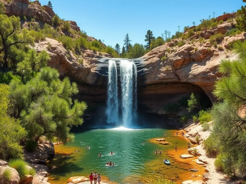 Sitting Bull Falls waterfall in Lincoln National Forest with swimming area and surrounding greenery Sitting Bull Falls waterfall in Lincoln National Forest with swimming area and surrounding greenery