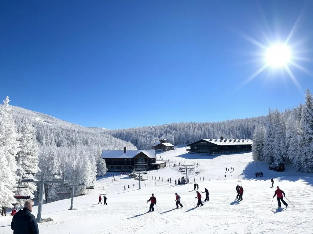 Skiers and snowboarders at Peek'n Peak Resort with snow-covered slopes and chairlifts Skiers and snowboarders at Peek'n Peak Resort with snow-covered slopes and chairlifts