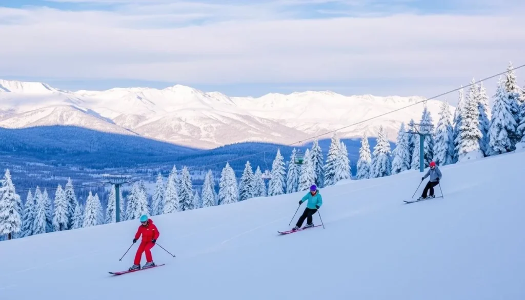 Skiers and snowboarders enjoying fresh powder at a Placer County ski resort with mountain views Skiers and snowboarders enjoying fresh powder at a Placer County ski resort with mountain views