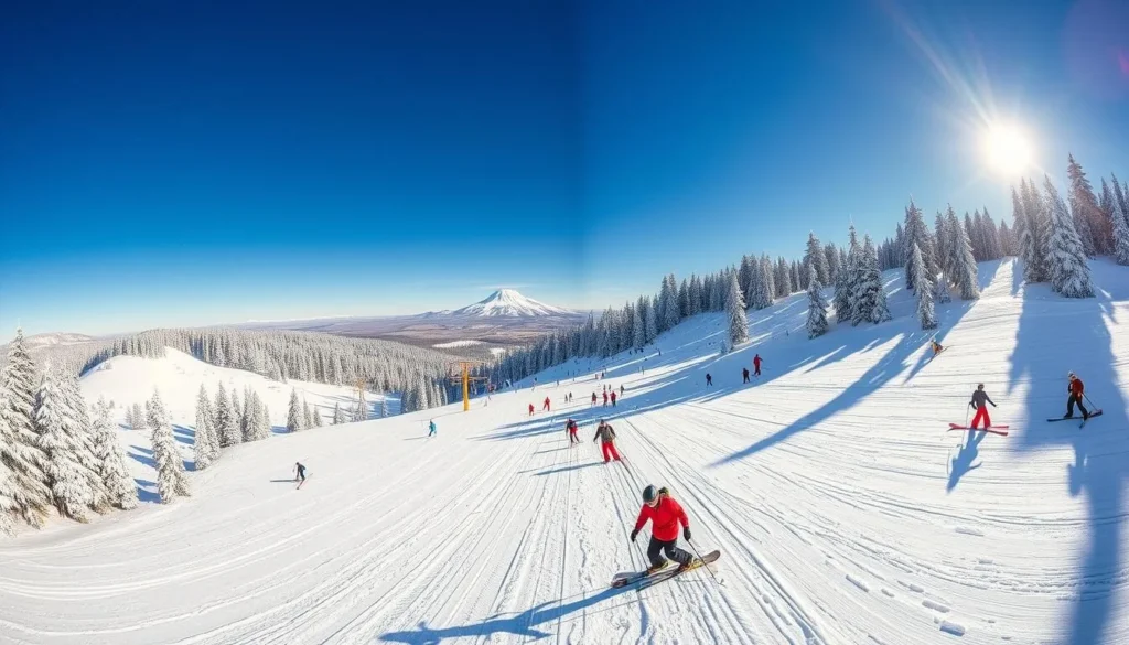 Skiers at Mt. Shasta Ski Park with snow-covered slopes in Shasta County California Skiers at Mt. Shasta Ski Park with snow-covered slopes in Shasta County California