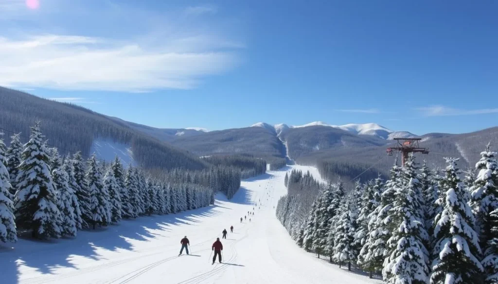 Skiers enjoying the slopes at Holiday Valley Resort in Ellicottville, Cattaraugus County, New York during winter Skiers enjoying the slopes at Holiday Valley Resort in Ellicottville, Cattaraugus County, New York during winter