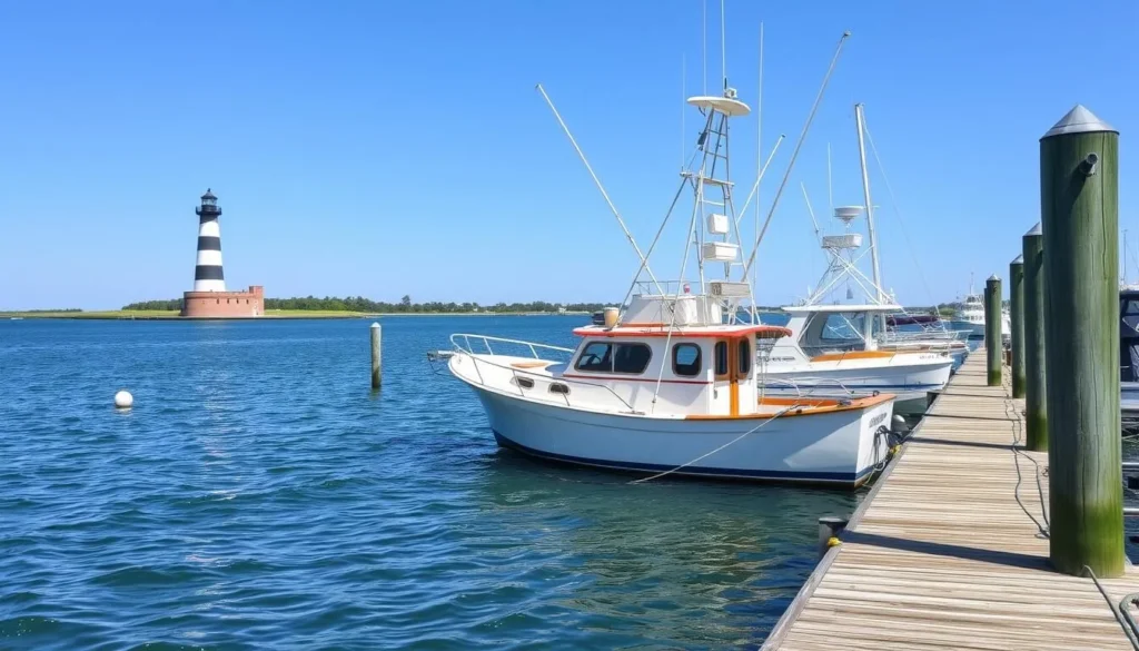 Small boat docked at Harkers Island marina with Cape Lookout visible in background Small boat docked at Harkers Island marina with Cape Lookout visible in background