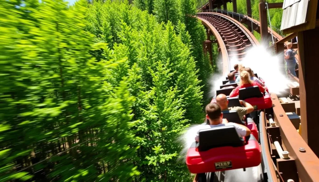 Smoky Mountain Alpine Coaster with riders enjoying the downhill track through the forest Smoky Mountain Alpine Coaster with riders enjoying the downhill track through the forest