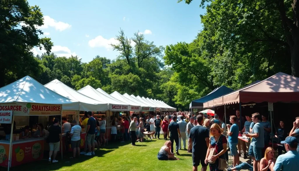 Smorgasburg food market in Prospect Park with diverse food vendors and crowds, a popular Kings County New York food destination Smorgasburg food market in Prospect Park with diverse food vendors and crowds, a popular Kings County New York food destination