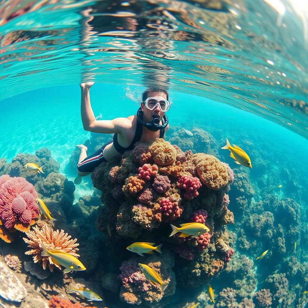 Snorkeler exploring coral reef at Prickly Pear Island, Anguilla Snorkeler exploring coral reef at Prickly Pear Island, Anguilla