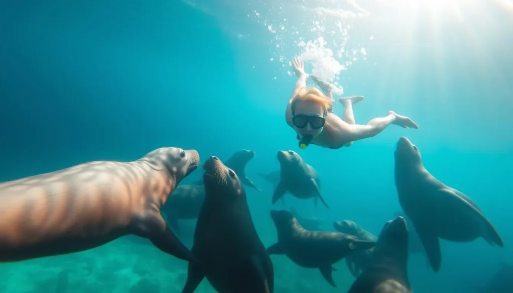 Snorkeler swimming with playful sea lions underwater near Puerto Madryn Snorkeler swimming with playful sea lions underwater near Puerto Madryn