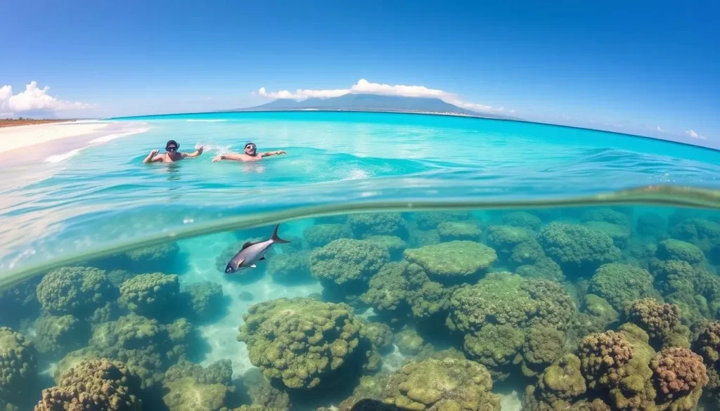 Snorkelers glide through the crystal-clear turquoise waters of Kauna'oa (Mauna Kea) Beach, revealing a vibrant underwater world. Coral reefs teeming with tropical fish shimmer in the warm Hawaiian sun, while gentle waves lap against the pristine white sand. Breathtaking views of the volcanic Mauna Kea mountain range rise in the distance, creating a picturesque backdrop. The scene exudes a sense of tranquility and adventure, perfectly capturing the essence of the beach activities and experiences that await visitors to this stunning coastal paradise on the Big Island of Hawaii.
