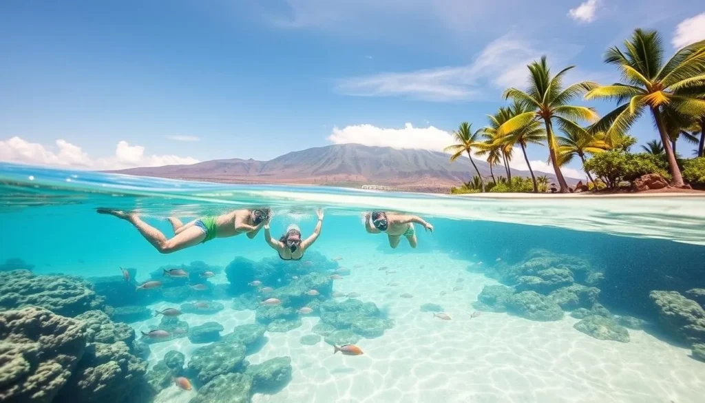 Snorkelers glide through the crystal-clear turquoise waters of Kauna'oa (Mauna Kea) Beach, their masks reflecting the sun's gentle rays. Schools of vibrant tropical fish dart between the lush coral formations, creating a mesmerizing underwater dance. In the distance, the majestic slopes of Mauna Kea rise, their peaks touched by wispy clouds. On the shore, a pristine white sand beach is flanked by lush palm trees, their fronds swaying in the warm island breeze. A peaceful, serene atmosphere pervades the scene, inviting visitors to immerse themselves in the natural beauty of this Hawaiian paradise.