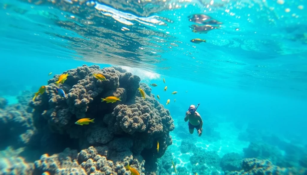 Snorkeling in the clear waters of Shoal Bay with colorful fish
