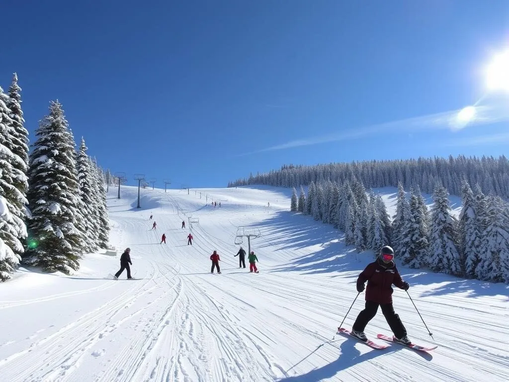 Snow Ridge Ski Resort in Lewis County, New York during winter with skiers enjoying the slopes Snow Ridge Ski Resort in Lewis County, New York during winter with skiers enjoying the slopes
