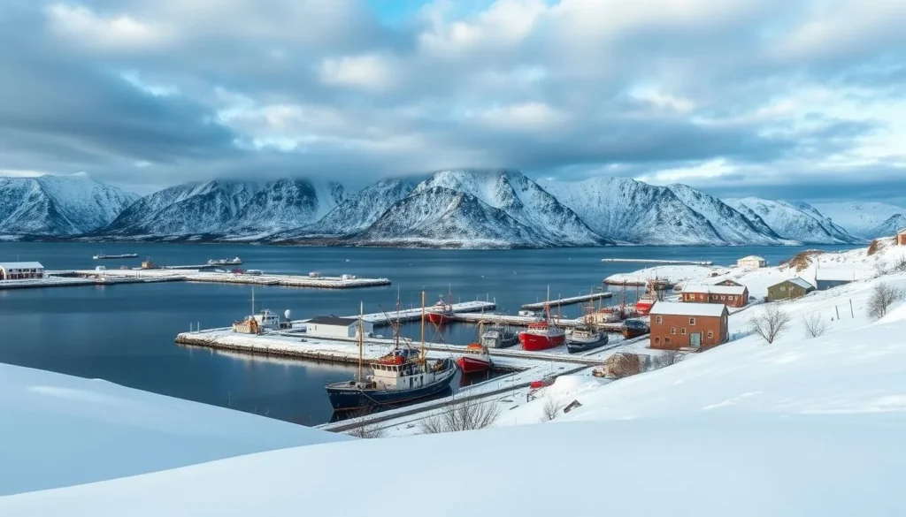 Snow-covered Dutch Harbor landscape in winter with dramatic skies