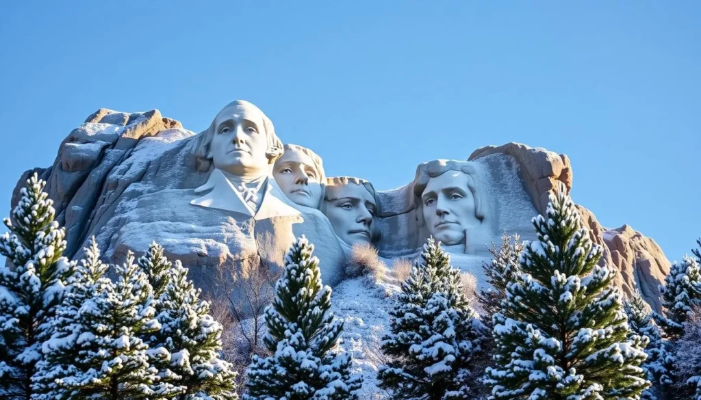 Snow-covered Mount Rushmore in winter with clear blue skies, showing a different perspective of this iconic landmark Snow-covered Mount Rushmore in winter with clear blue skies, showing a different perspective of this iconic landmark