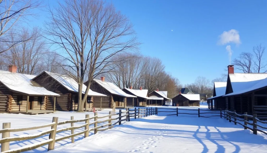 Snow-covered log cabins at New Salem during winter Snow-covered log cabins at New Salem during winter