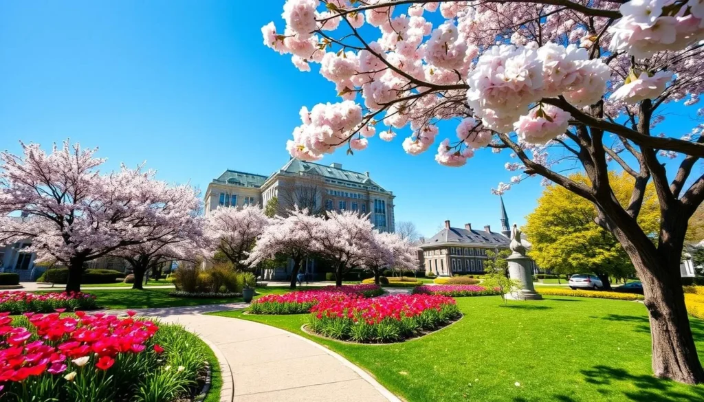 Snug Harbor Cultural Center gardens in spring with cherry blossoms in Richmond County, New York Snug Harbor Cultural Center gardens in spring with cherry blossoms in Richmond County, New York