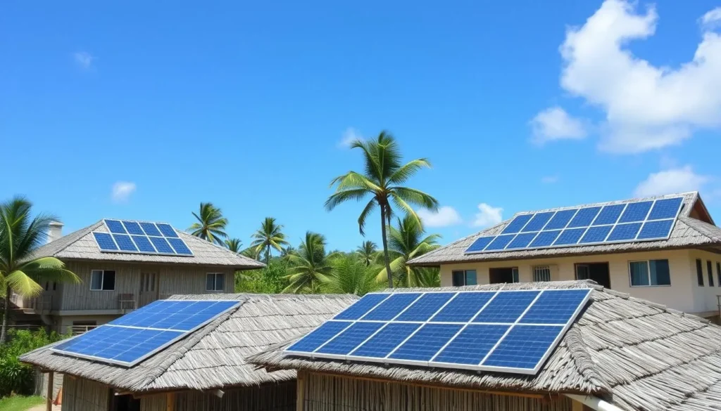 Solar panels on Fakaofo buildings showing sustainable energy practices Solar panels on Fakaofo buildings showing sustainable energy practices