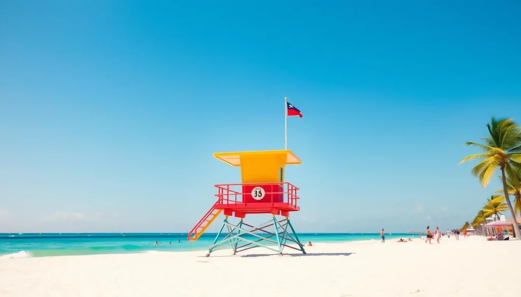 South Beach Miami with colorful lifeguard towers, palm trees, and crystal clear water South Beach Miami with colorful lifeguard towers, palm trees, and crystal clear water