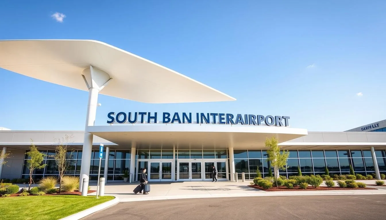 South Bend International Airport entrance with Elkhart Indiana things to do signage