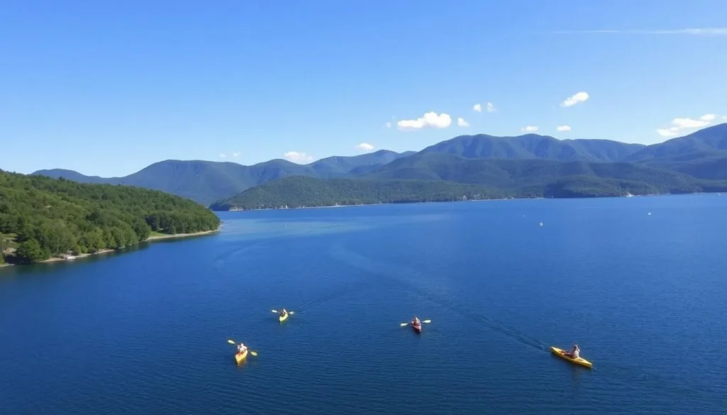 South Holston Lake with mountains in background and people kayaking