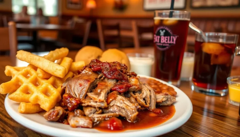 Southern BBQ plate with pulled pork, sides, and sweet tea at Fat Belly's restaurant in Hamilton County Florida Southern BBQ plate with pulled pork, sides, and sweet tea at Fat Belly's restaurant in Hamilton County Florida