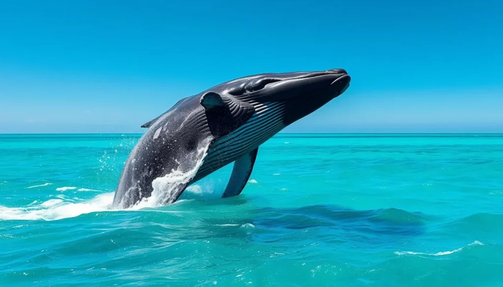 Southern Right whale breaching near Puerto Madryn's coast with spray of water against blue sky Southern Right whale breaching near Puerto Madryn's coast with spray of water against blue sky
