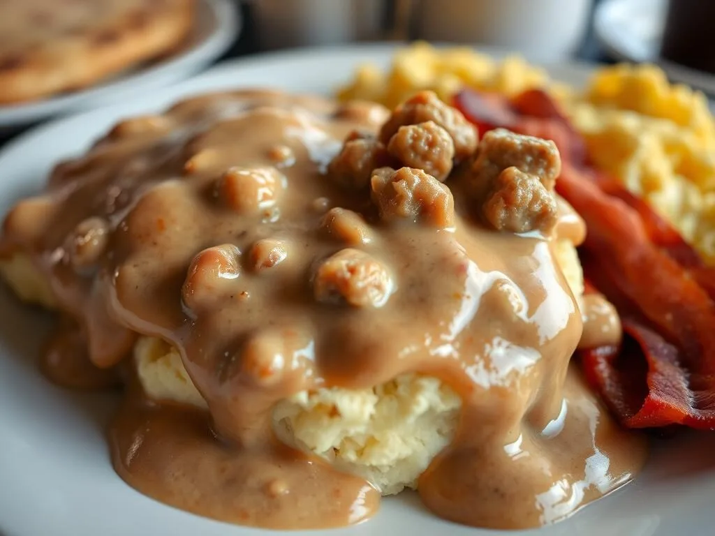 Southern breakfast plate with biscuits and gravy at a Muscle Shoals restaurant Southern breakfast plate with biscuits and gravy at a Muscle Shoals restaurant