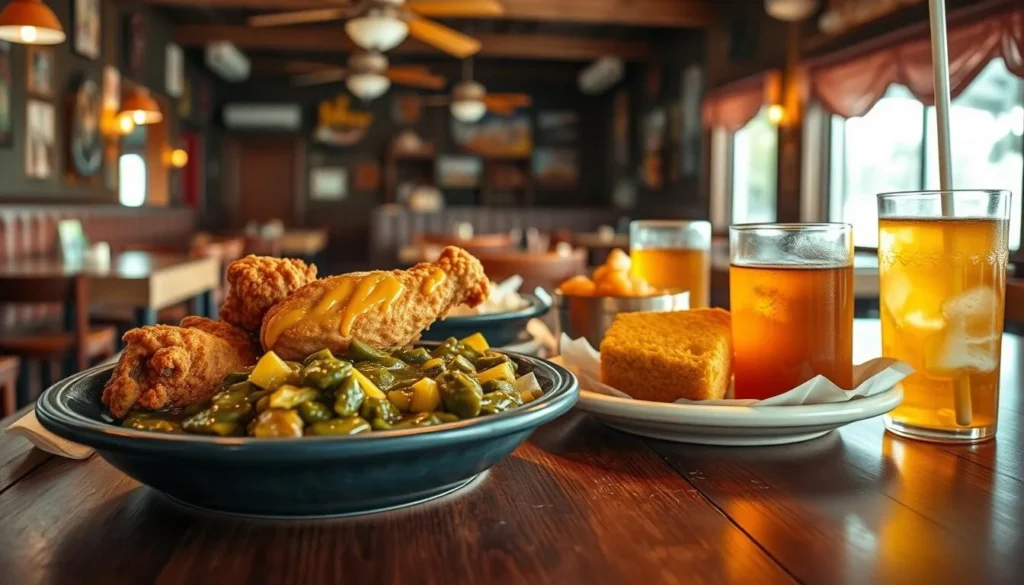 Southern comfort food at a local restaurant in Holmes County, Florida featuring fried chicken, collard greens, and cornbread Southern comfort food at a local restaurant in Holmes County, Florida featuring fried chicken, collard greens, and cornbread