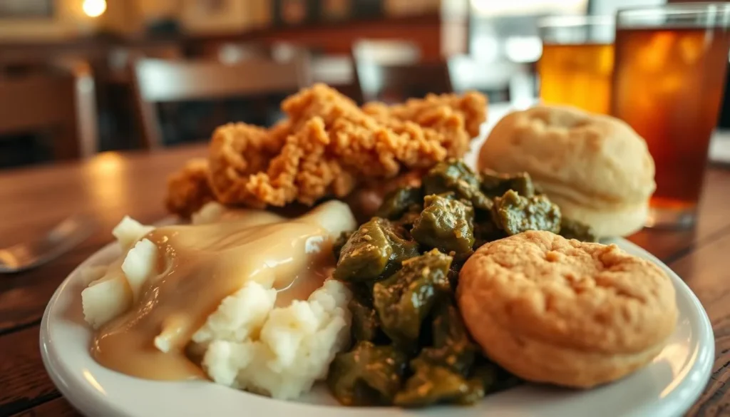Southern comfort food dish at a Bristol restaurant featuring fried chicken, mashed potatoes, and greens